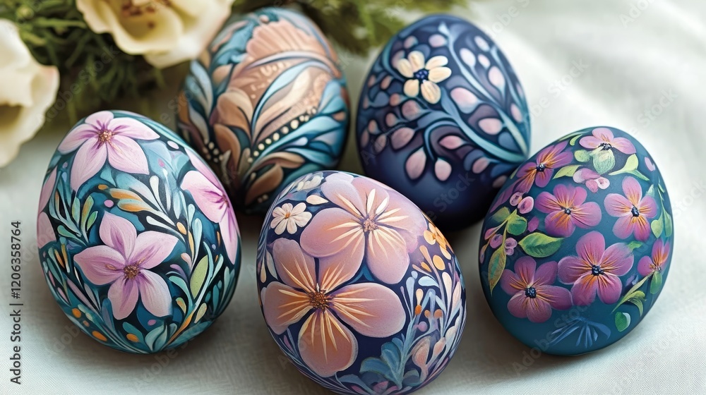 Exquisite Hand-Painted Easter Eggs, Floral Patterns on Blue Background, Spring Festive Art. Exquisite Hand-Painted Easter Eggs, Floral Patterns on Blue Background, Spring Festive Art.