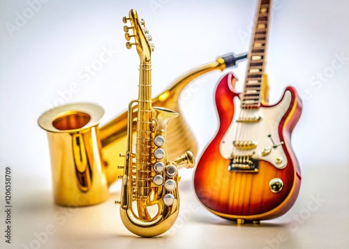 Tilt-Shift Photo: Electric Guitar, Trumpet & Golden Saxophone on Light Background