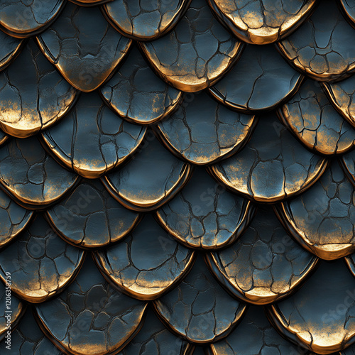 Luxurious black and gold textured scales with intricate details and reflective surfaces in a seamless pattern