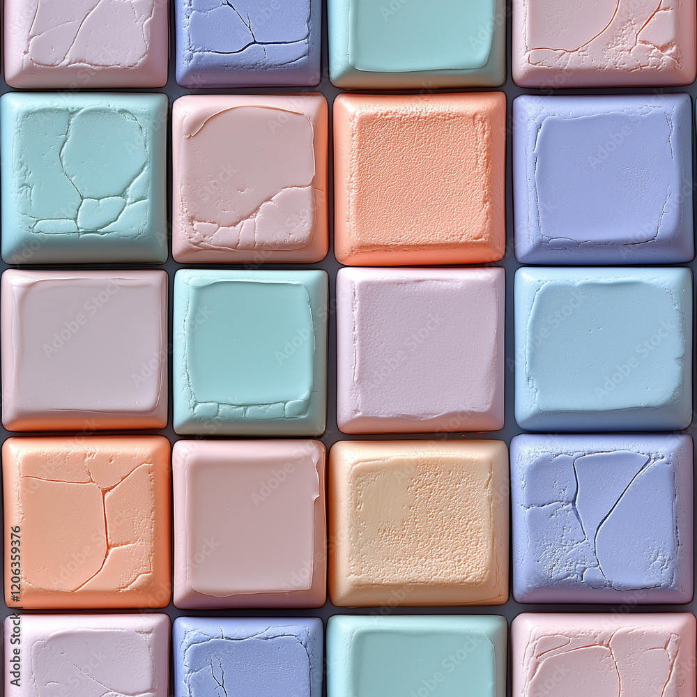 Pastel colored square tiles with subtle cracks and soft textures in a seamless pattern Pastel colored square tiles with subtle cracks and soft textures in a seamless pattern