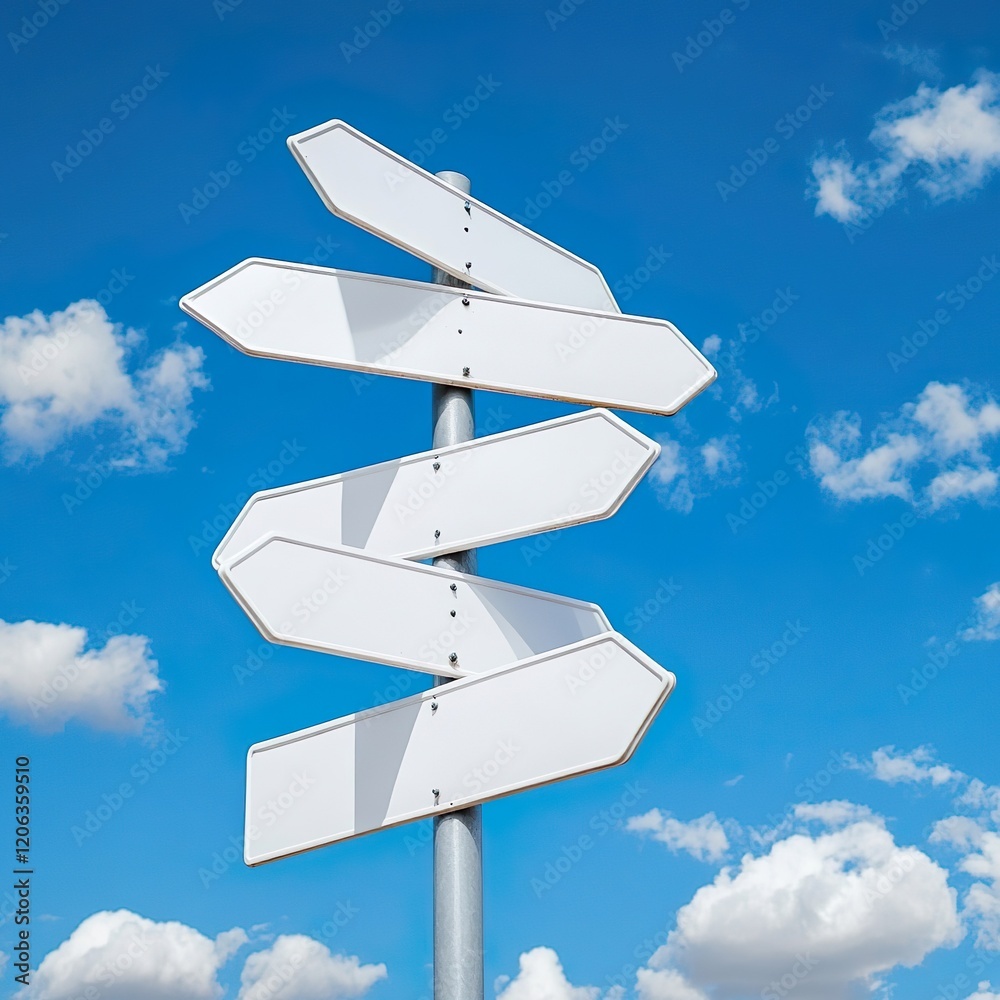 Image of five blank white road signs pointing in different directions Image of five blank white road signs pointing in different directions