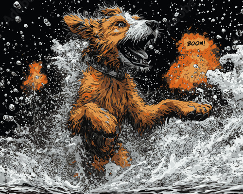 Dynamic Illustration of a Fierce Dog Leaping Through Water with Explosions in the Background, Capturing Intense Action