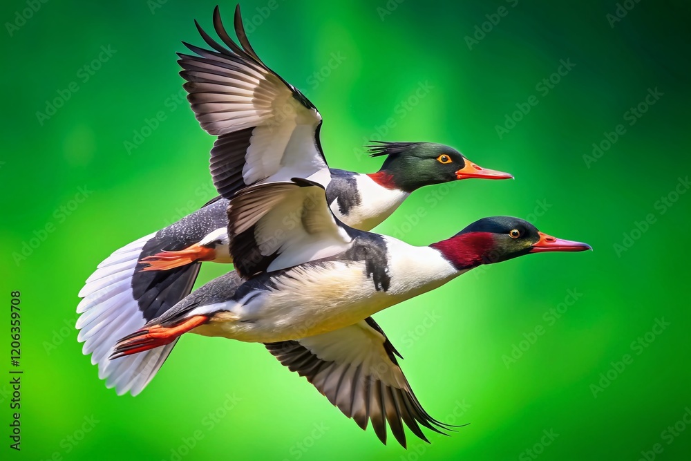 Obraz premium Two Chinese Mergansers Flying, Aerial Close-Up, 4K UHD, Green Screen, Bokeh