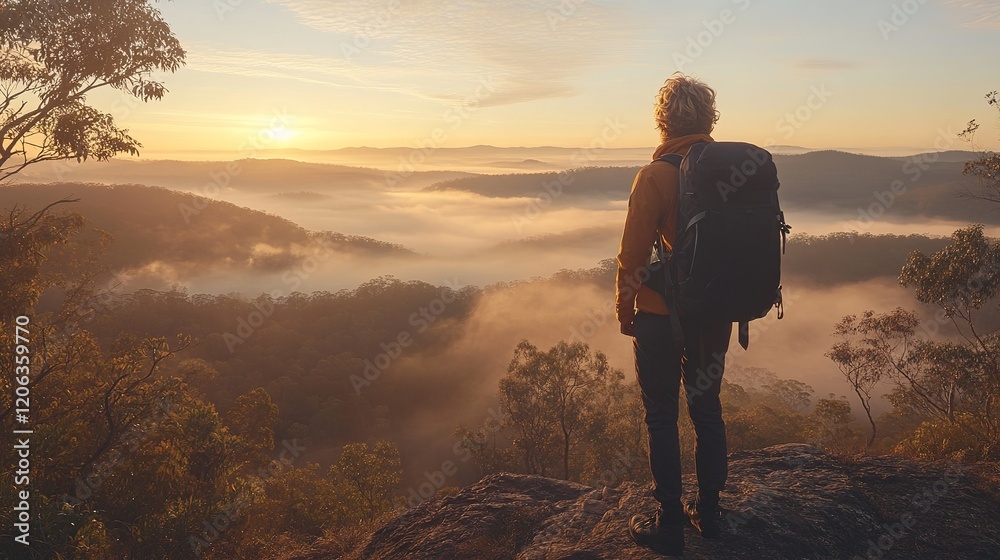 Fototapeta premium Backpacker contemplates sunrise over misty mountain valley
