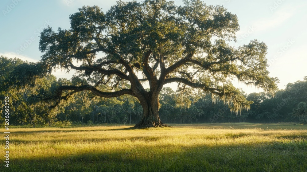 Majestic Live Oak Tree in a Sunny Meadow