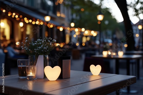 A beautifully lit outdoor dining area featuring glowing heart decorations, glasses, a vase, and stylish decor which create a charming and inviting evening atmosphere. photo