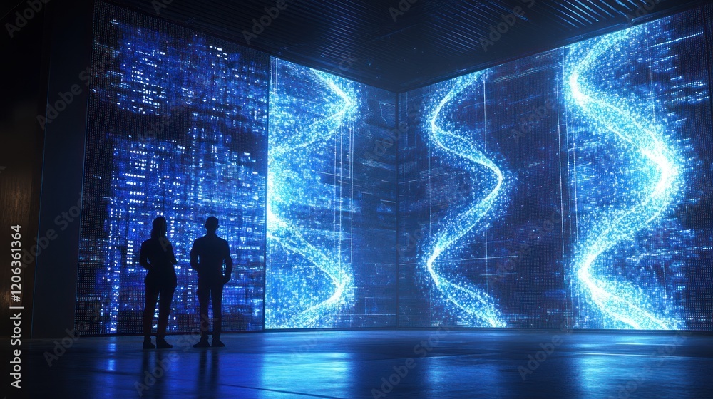Two Silhouettes Observe Digital Data Streams On Large Screens Two Silhouettes Observe Digital Data Streams On Large Screens