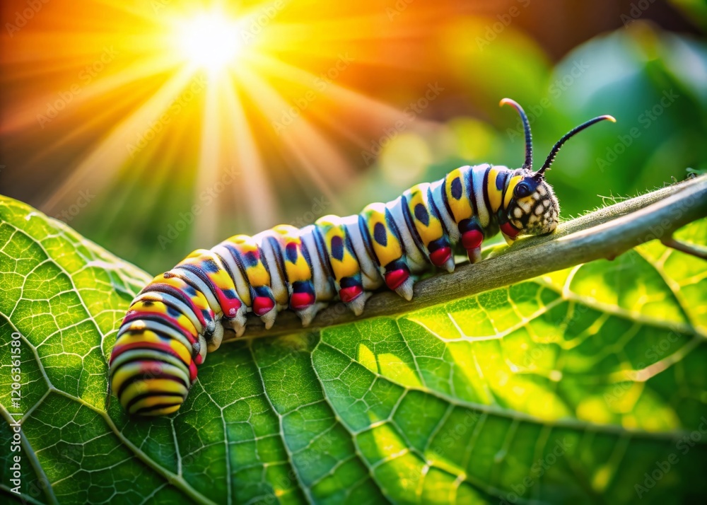 Naklejka premium Vibrant Caterpillar on Green Leaf - Sunny Garden Drone Shot