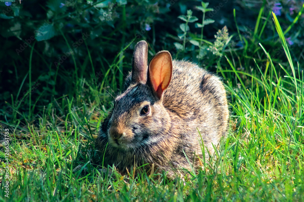 Fototapeta premium adorable wild cottontail rabbit in the grass Easter holiday animal cute nature background