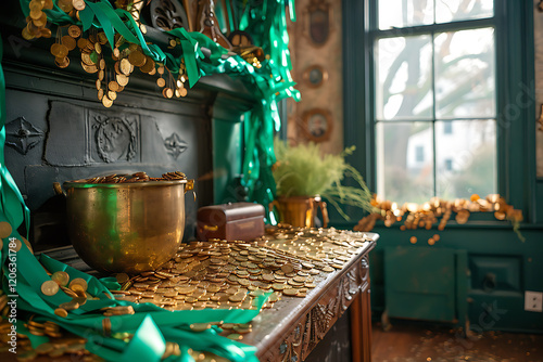 st patricks day celebration, gold coins on mantelpiece, green streamers hanging, and irish music livening up the vibrant saint patricks day party photo