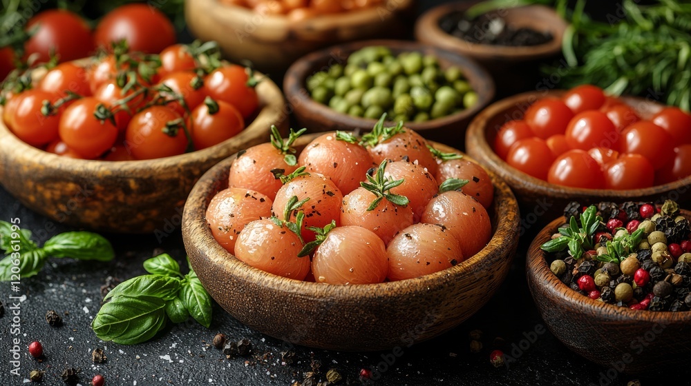 Bowls of Fresh Cherry Tomatoes and Spices Bowls of Fresh Cherry Tomatoes and Spices