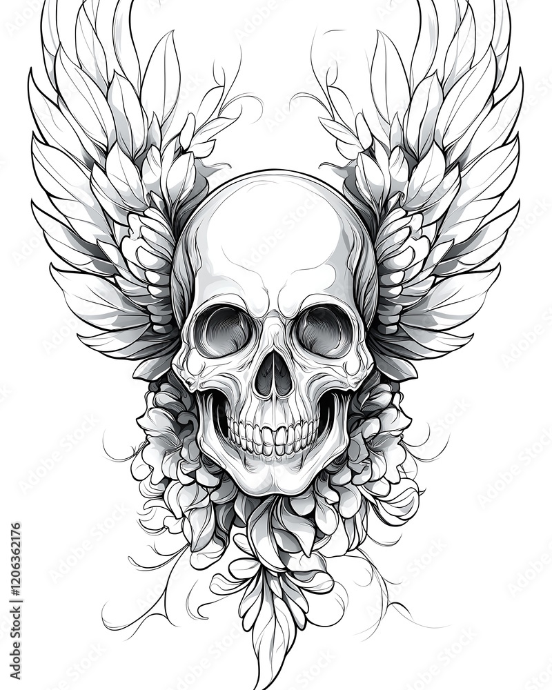 Fototapeta premium A skull with stylized angel wings spreading from each side