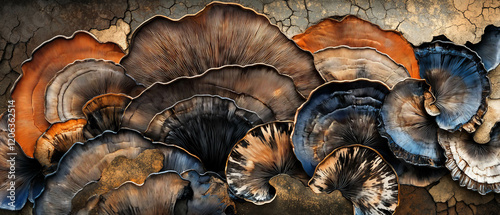 Exploring the intricate texture of mushroom gills with colorful radial patterns photo