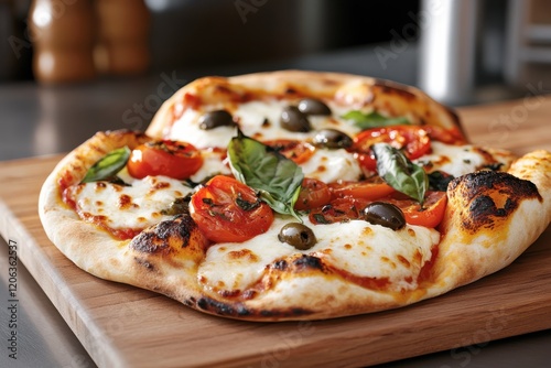 Wallpaper Mural A gourmet pizza loaded with fresh tomatoes, olives, and basil, showcasing a delicious combination of flavors on a wooden serving board in a modern kitchen. Torontodigital.ca