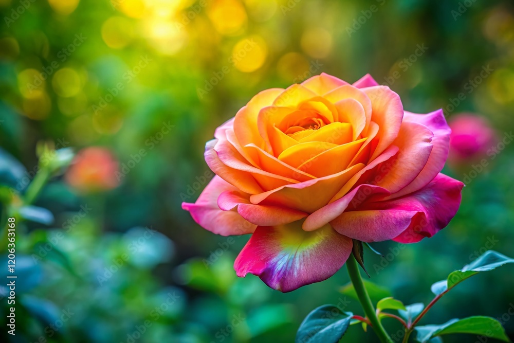 Vibrant Multicolored Garden Rose Bloom on Lush Green Background - Stock Photo Vibrant Multicolored Garden Rose Bloom on Lush Green Background - Stock Photo