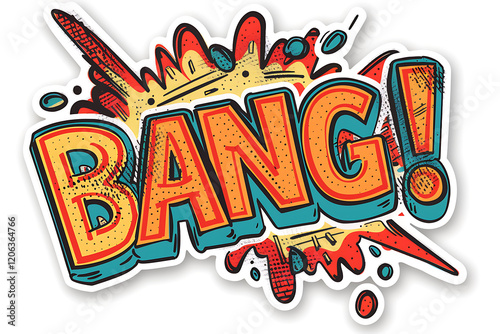comic book explosion, create a bold comic-style sticker with explosive bang in bright colors, outlined in black, and surrounded by action lines add some stars for extra pop