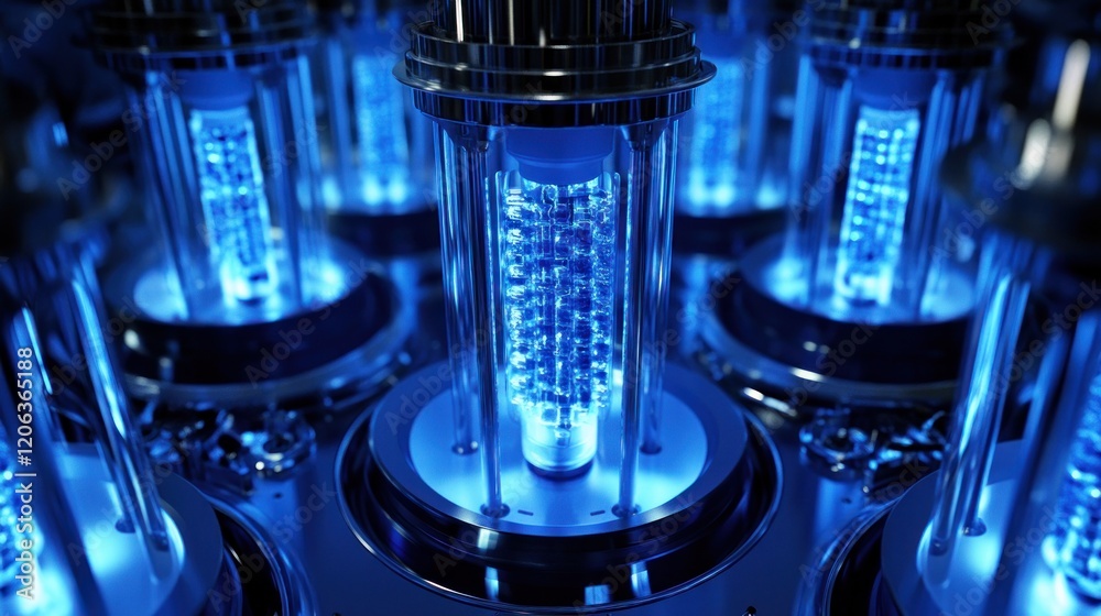 Futuristic Blue Illuminated Laboratory Reactor Array Futuristic Blue Illuminated Laboratory Reactor Array