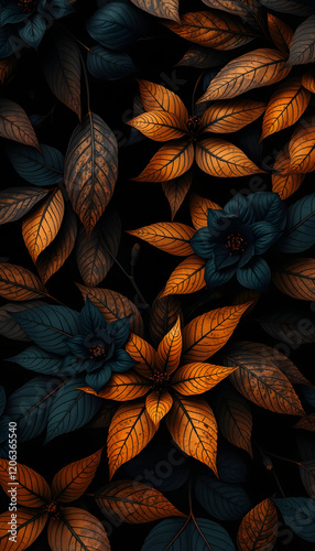 black and gold leaves background with black flowers,muted earth tones, junglepunk, dark teal and orange, 8k, with white tones photo