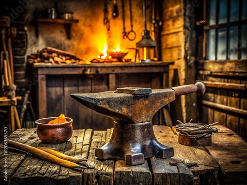 Vintage Blacksmith Tools: Anvil, Hammer & Workshop Equipment Stock Photo photo