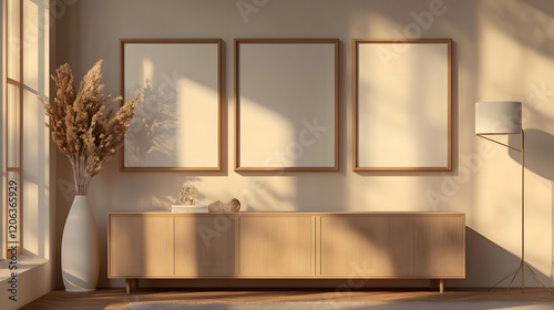 A warm interior with framed artwork, a wooden console, and soft lighting creating a welcoming atmosphere.
