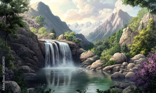A serene pond nestled among rugged rocks with a waterfall cascading in the background, untouched, flow, rocks, cascade, landscape