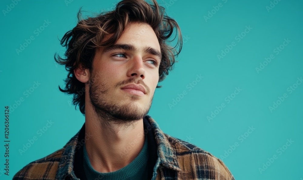A thoughtful man with tousled hair stands against a teal background, evoking a casual yet contemplative mood, ideal for lifestyle and fashion portrayals A thoughtful man with tousled hair stands against a teal background, evoking a casual yet contemplative mood, ideal for lifestyle and fashion portrayals