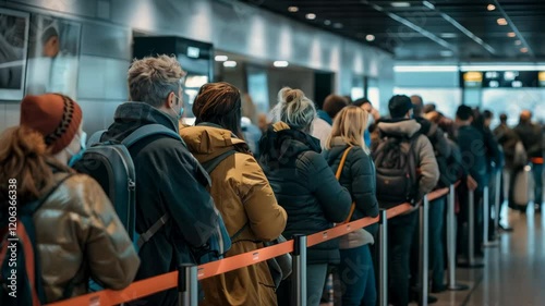 People standing in line at airport checkpoint with anticipation and patience