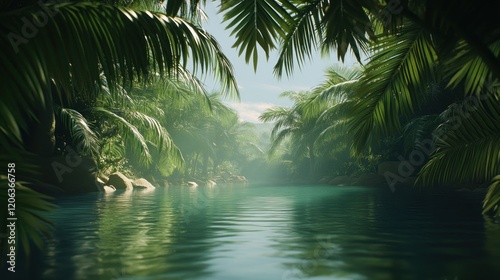 Serene Tropical River Flows Through Lush Palm Trees