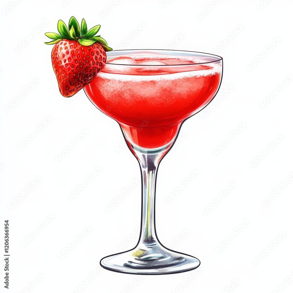 A fruity Strawberry Daiquiri with strawberry garnish, positioned against an isolated white background, surrealism art style A fruity Strawberry Daiquiri with strawberry garnish, positioned against an isolated white background, surrealism art style