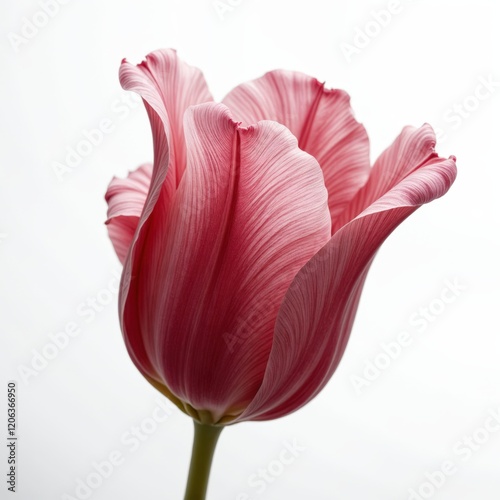 Close-up image of a single pink tulip against a white background. photo