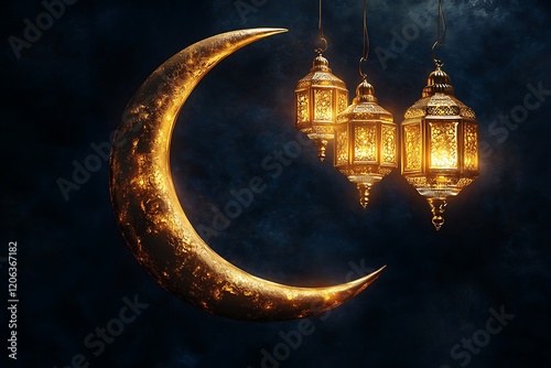 Ornamental Golden Crescent Moon with Glowing Lantern photo