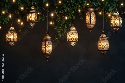 Ramadan Banner Featuring Luminous Lanterns Hanging Against the Night Sky photo