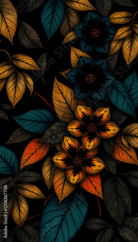 black and gold leaves background with black flowers,muted earth tones, junglepunk, dark teal and orange, vibrant, with white tones photo