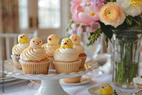 easter tea party, sparkling marshmallow chicks on cupcakes, vibrant spring blooms in a vase, and the sound of guests coming for easter sunday tea photo