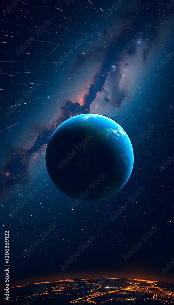 Obraz premium Amazing deep space with stars and a blue planet Earth with city lights at night. Space for design and text, angled photoshot, with white tones