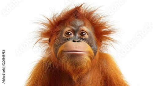 A striking portrait of an orangutan, showcasing its expressive eyes and unique features against a crisp white backdrop. photo