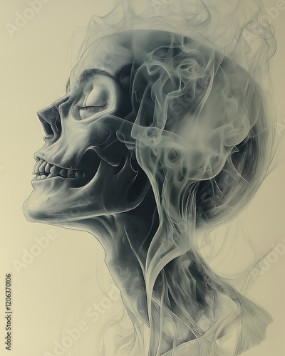 A sketch of a skull from which smoke or mist spreads, creating an effect of mystique
