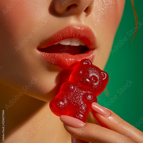 Intriguing close-up of an attractive woman poised to savor a bright red gummy bear against a vibrant green backdrop with studio lighting enhancing her features