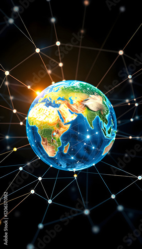 Worldwide network  earth surrounded by innovative perceptron lines for global connectivity, close-up, with white tones photo