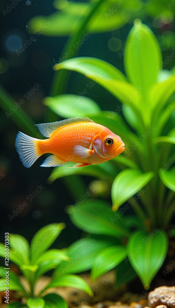 Orange fish swimming amidst lush aquatic plants Orange fish swimming amidst lush aquatic plants