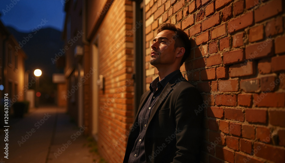 Obraz premium Thoughtful job candidate leaning against brick wall in twilight, career reflection