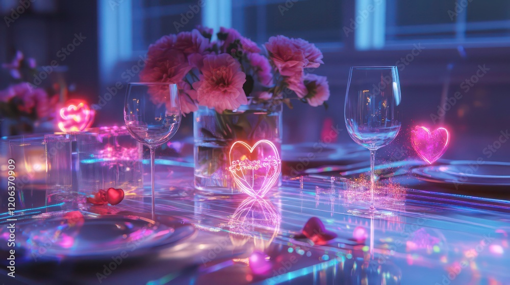 Obraz premium Romantic dinner table setting with neon hearts, flowers, and glowing glasses.