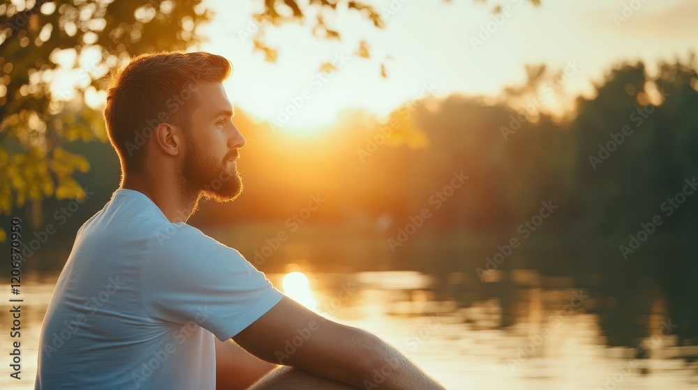 A young man gazes thoughtfully at the vibrant sunset reflected in the calm lake, embraced by natures beauty. A young man gazes thoughtfully at the vibrant sunset reflected in the calm lake, embraced by natures beauty.