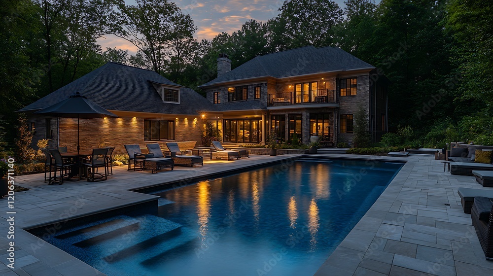 Evening Illumination of Luxury Home and Pool Evening Illumination of Luxury Home and Pool
