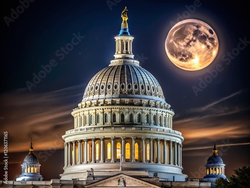 Washington DC Capitol Dome, Full Moon Night - Long Exposure Photography