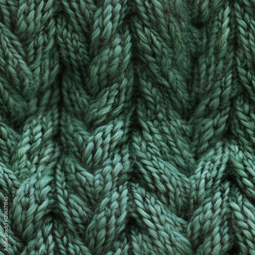 Green knitted fabric with braided textures and rustic cozy tones in a seamless pattern