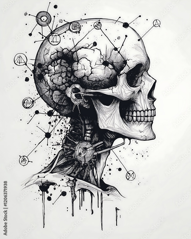 Fototapeta premium A tattoo design featuring a skull with alchemical symbols appearing within or around it