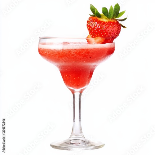 A fruity strawberry daiquiri with strawberry garnish, presented against an isolated white background, chiaroscuro art style photo