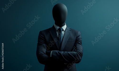 Faceless mannequin in a business suit standing confidently with arms crossed, representing the generic and impersonal nature of corporate business personas