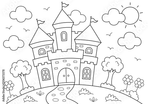 A4 size colouring page, castle and nature. ready to print on standard A4 paper